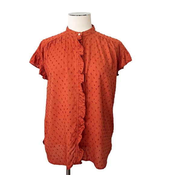 LOFT Ruffle Swiss Dot Button Up Blouse Short Sleeve Burnt Orange Sz S - Picture 8 of 15